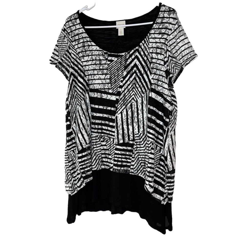 Chicos Abstract Black White Geometric lace print blouse 1 Top M 6 8